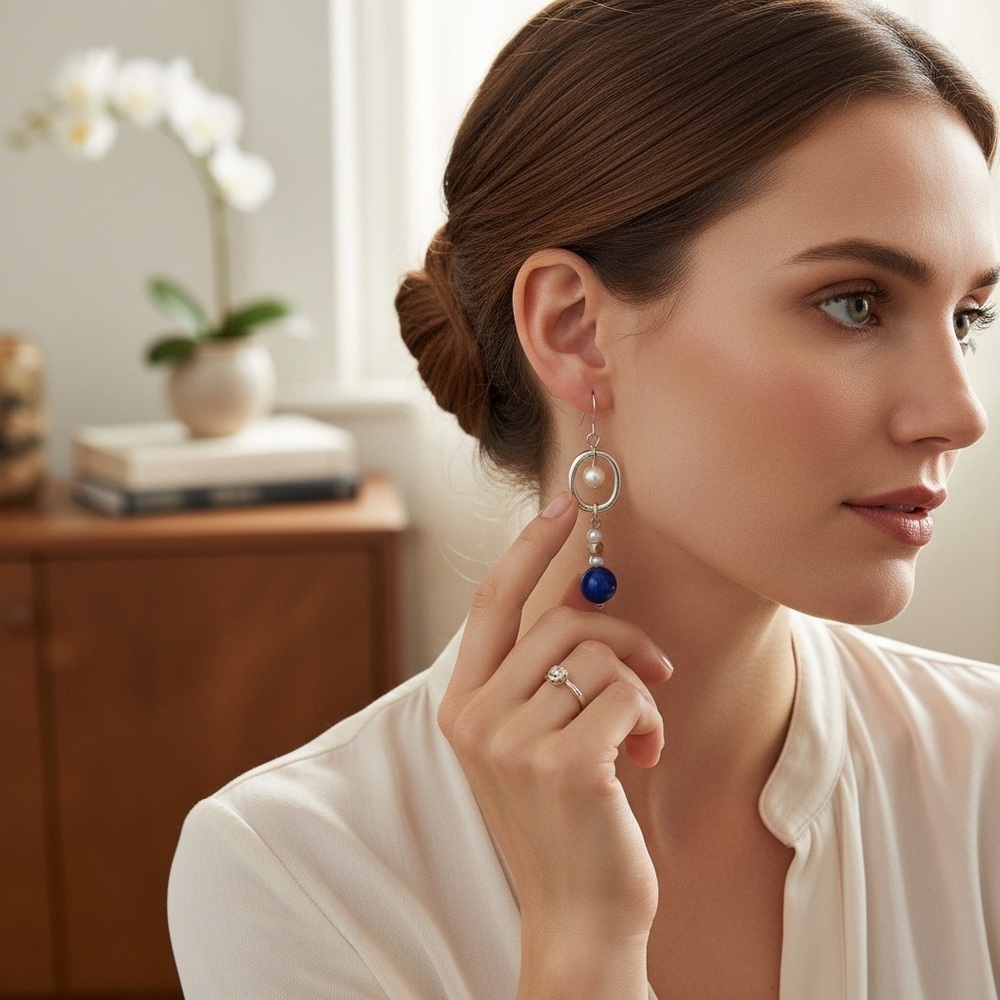 Handmade Blue/White Floral Dangle Ceramic/Freshwater Pearl Earrings